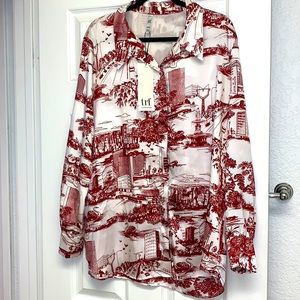 Zara NWT retro polyester scenic printed button up shirt